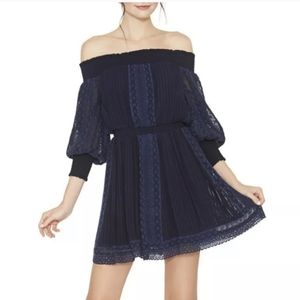 Alice + Olivia Pammy Eyelet Mini Dress Off the Shoulder Navy Blue Smocked Boho 8